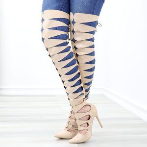 Nude Gladiator Pointed Toe Stiletto Thigh High Heeled Boot Women Faux Suede